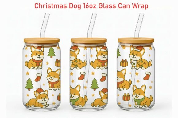 Christmas Corgi 16oz Glass Can Wrap