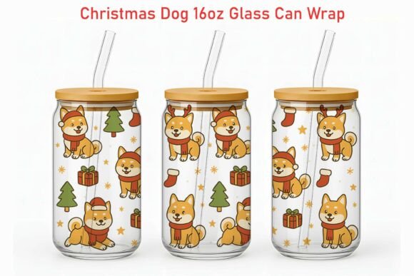Christmas Shiba Inu 16oz Glass Can Wrap
